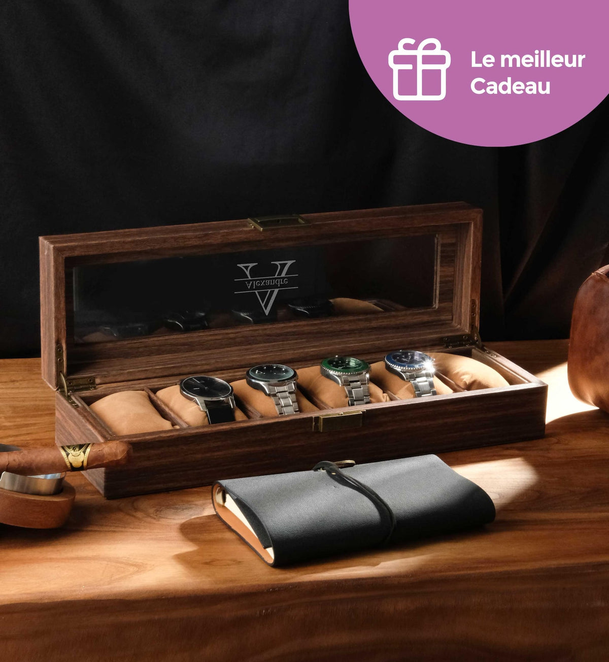 Personalized leather watch box with wood grain pattern, Personalized wooden watch box, Dad watch box, Wooden watch box