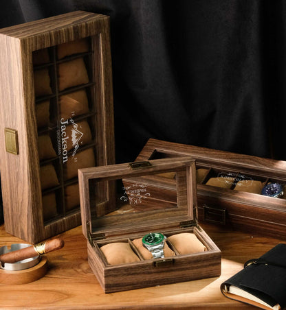Personalized leather watch box with wood grain pattern, Personalized wooden watch box, Dad watch box, Wooden watch box