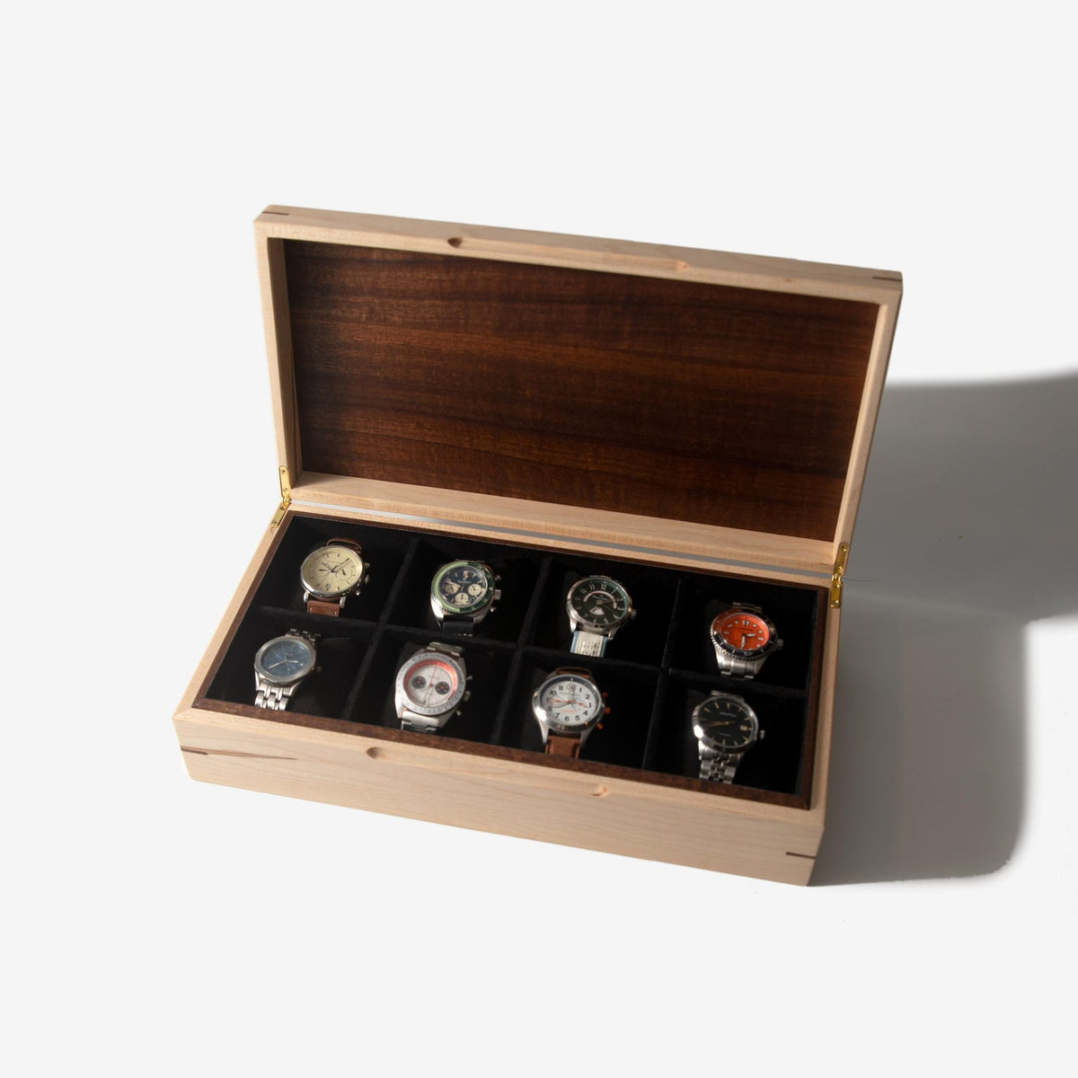 Curly Maple Watch Box - Sapele Mahogany Lid - 8 Watch Compartments - Personalized Gift for Him - Handmade