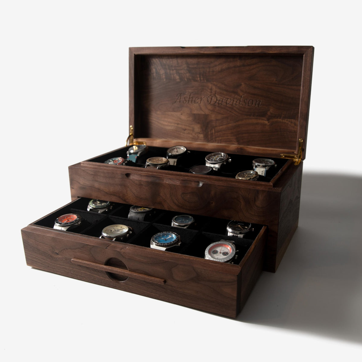 Black Walnut Watch Box with Drawer - 12 to 16 Watch Compartments - Personalized Engraved Gift for Him - Handmade