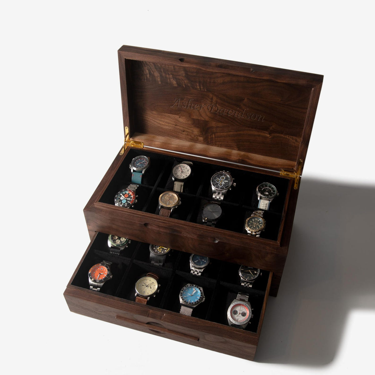 Black Walnut Watch Box with Drawer - 12 to 16 Watch Compartments - Personalized Engraved Gift for Him - Handmade