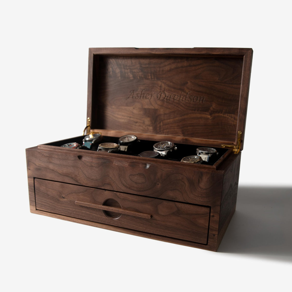 Black Walnut Watch Box with Drawer - 12 to 16 Watch Compartments - Personalized Engraved Gift for Him - Handmade