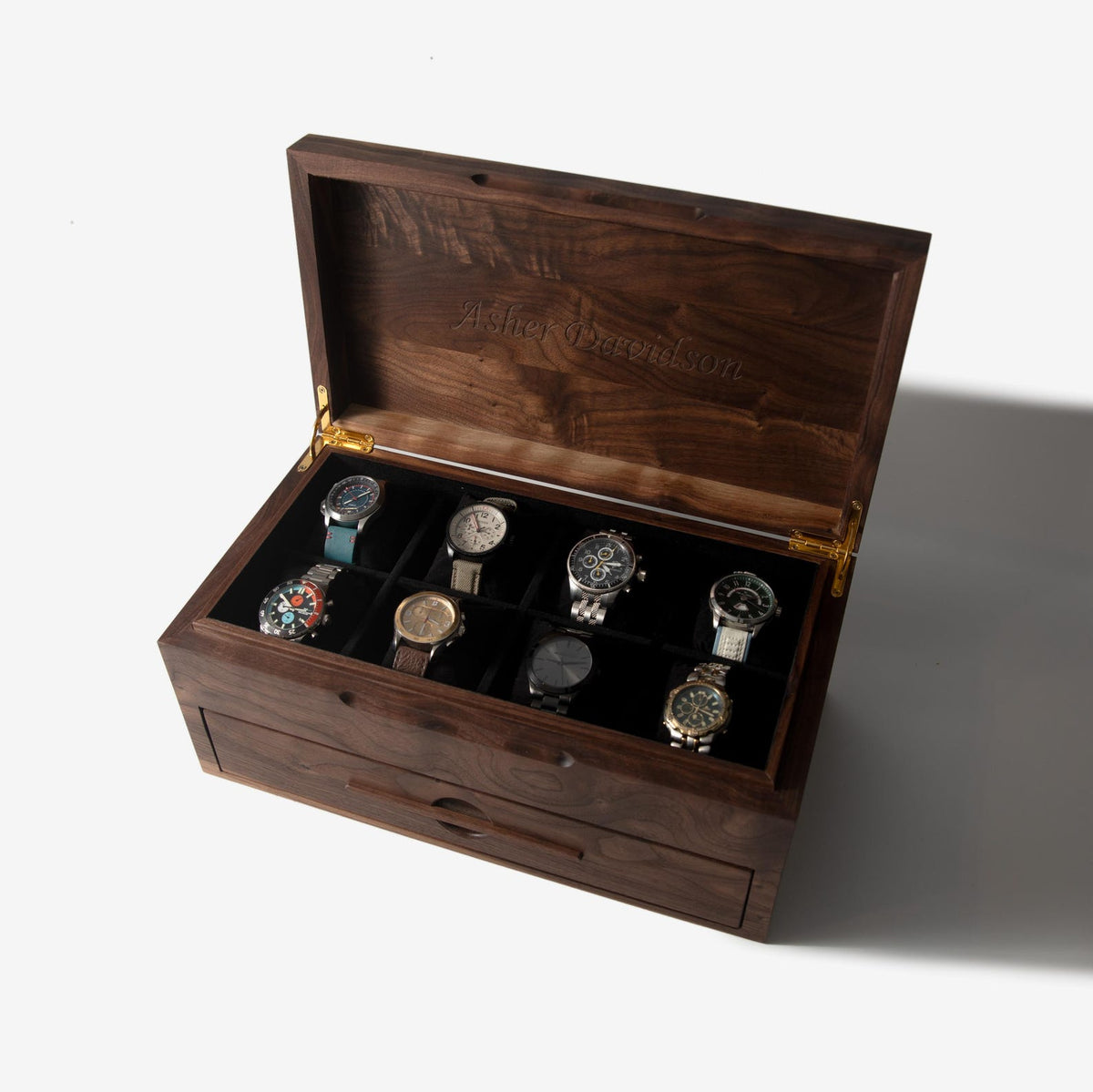 Black Walnut Watch Box with Drawer - 12 to 16 Watch Compartments - Personalized Engraved Gift for Him - Handmade