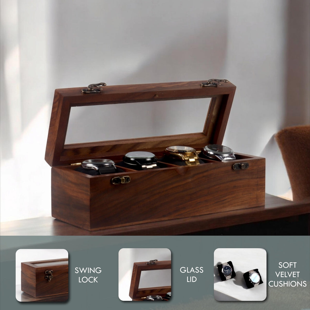 Personalised 4 Slots Wooden Watch Box for Men & Women, Timepiece Display Case, Jewelry Storage Organizer, Gift for Husband, Wedding Gift