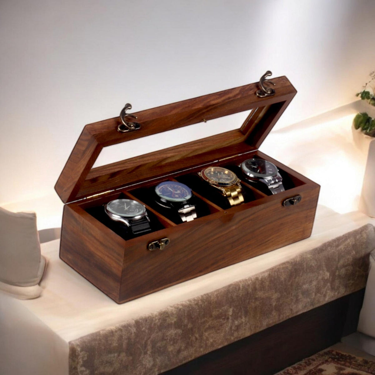 Personalised 4 Slots Wooden Watch Box for Men & Women, Timepiece Display Case, Jewelry Storage Organizer, Gift for Husband, Wedding Gift