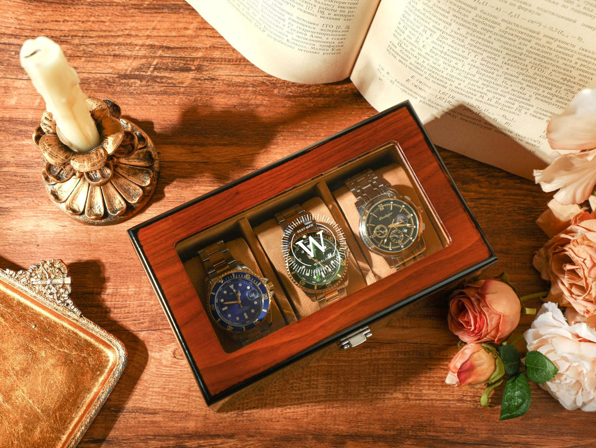 Wooden Watch Box for 3 slot Watches, Personalized Watch Storage Box For Men, Customized Name Watch Box, Groomsman Gift, Valentine's Day Gift