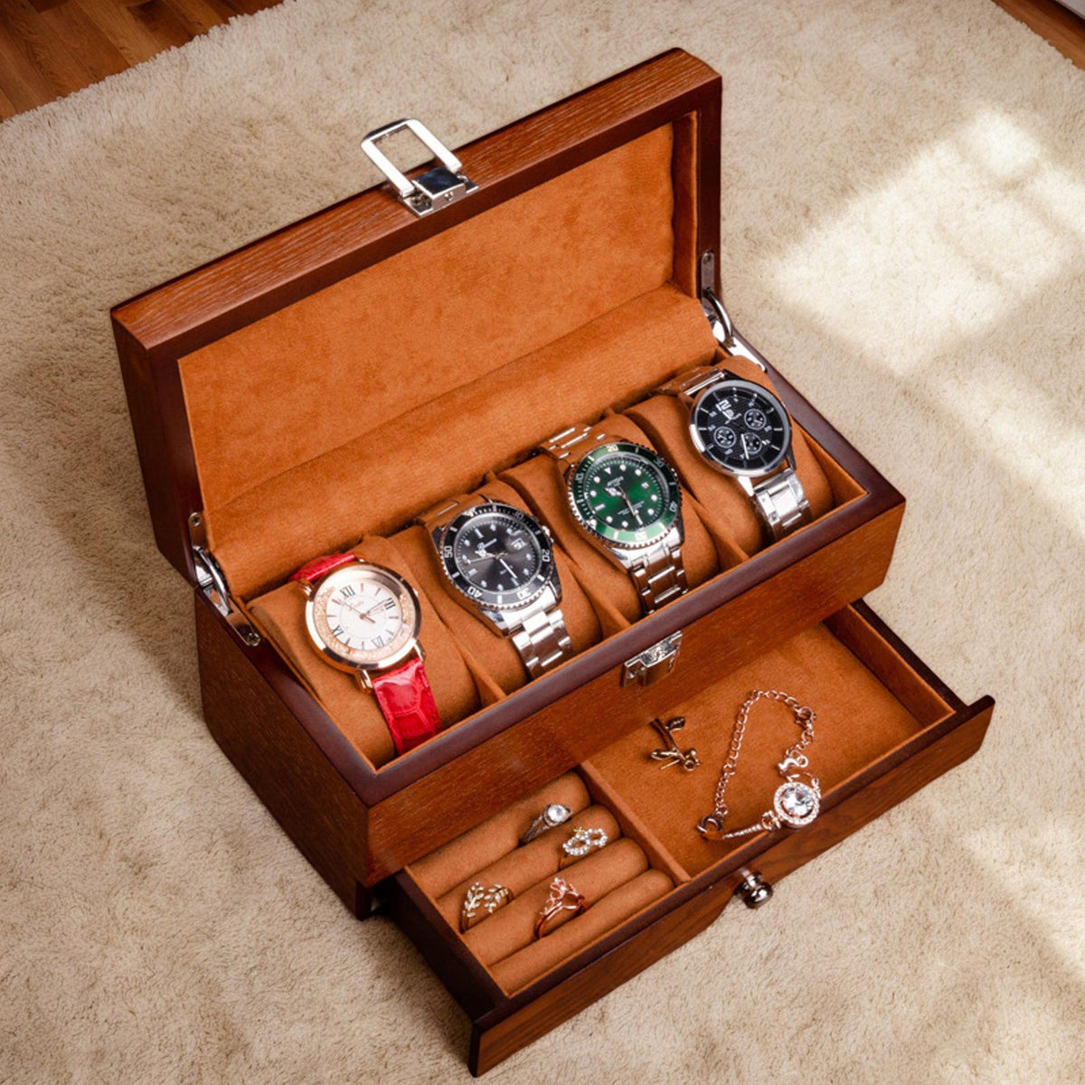 Personalized Engraved Watch Box: Watch and Jewelry Wooden Storage Anniversary Gift for Him & Her