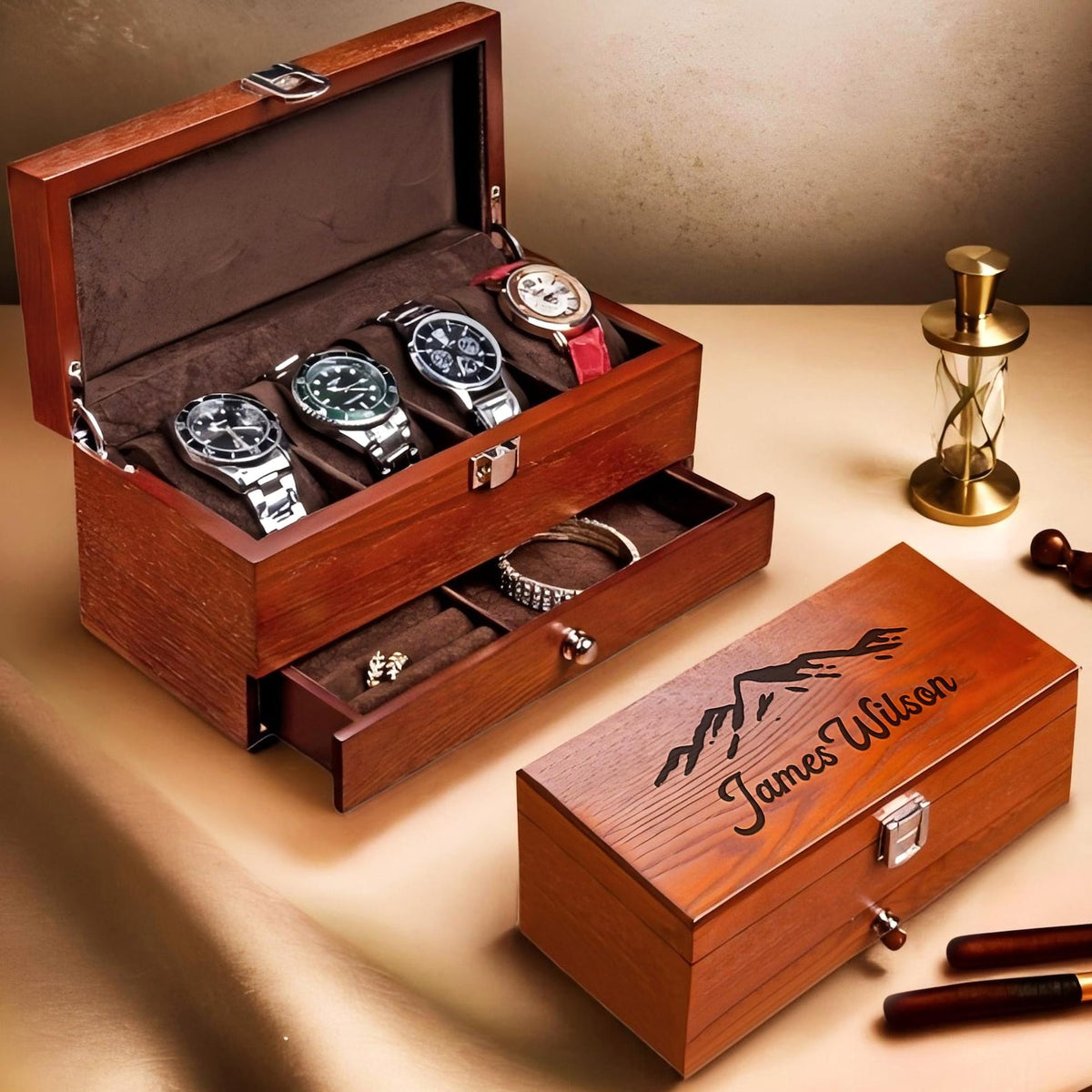 Personalized Engraved Watch Box: Watch and Jewelry Wooden Storage Anniversary Gift for Him & Her
