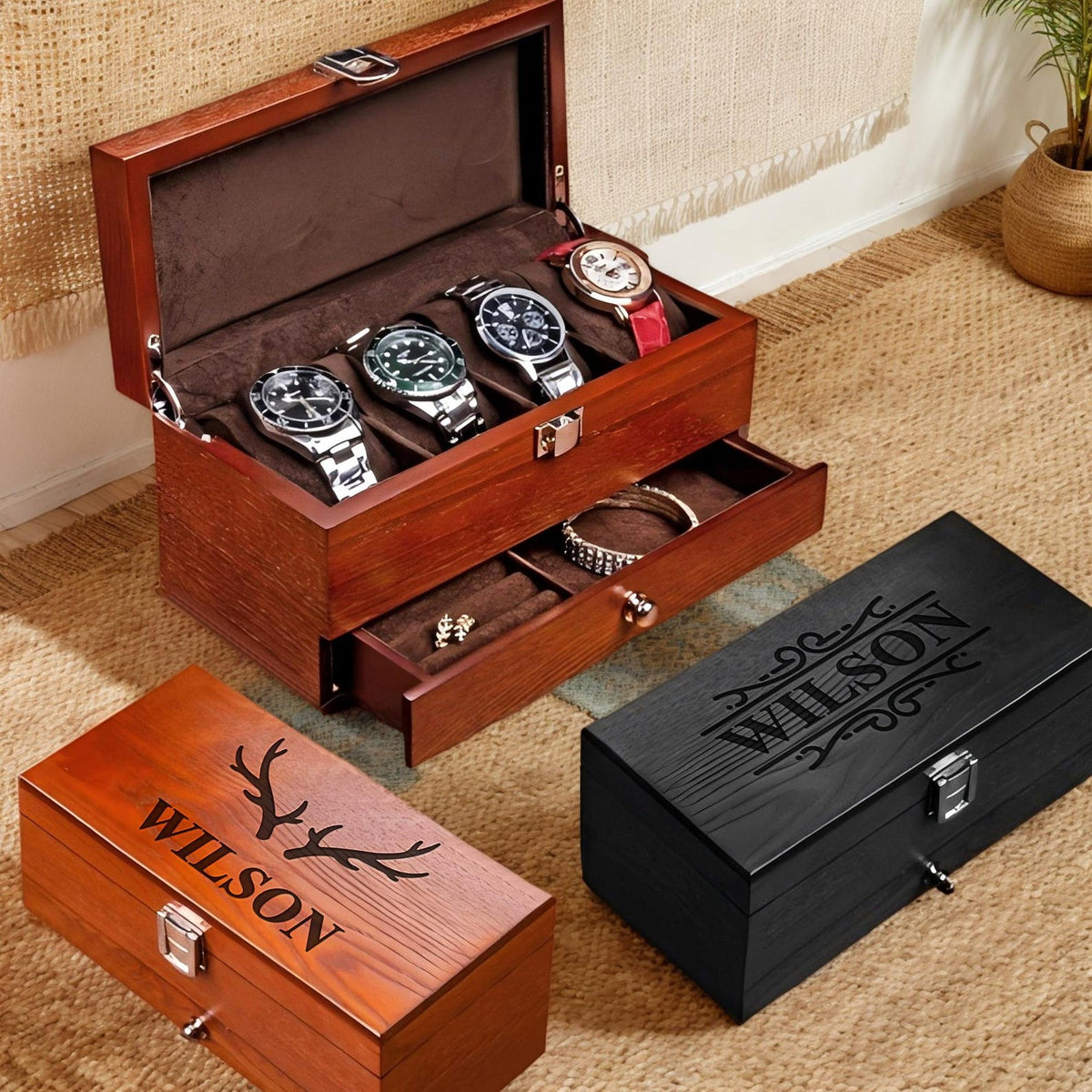 Personalized Watch Jewelry Box with Drawer, Gift for Dad, Engraved Wooden Watch Case, Watch Box for Men, Mens Gift, Anniversary Gift for Him