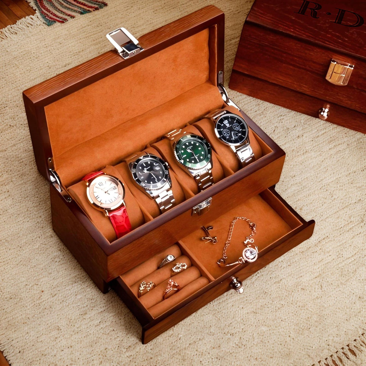 Personalized Watch Jewelry Box with Drawer, Gift for Dad, Engraved Wooden Watch Case, Watch Box for Men, Mens Gift, Anniversary Gift for Him