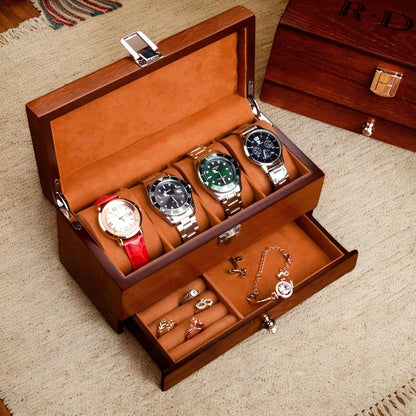 Personalized Watch Jewelry Box with Drawer, Gift for Dad, Engraved Wooden Watch Case, Watch Box for Men, Mens Gift, Anniversary Gift for Him