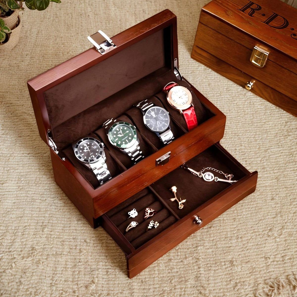 Personalized Watch Jewelry Box with Drawer, Gift for Dad, Engraved Wooden Watch Case, Watch Box for Men, Mens Gift, Anniversary Gift for Him