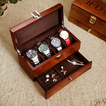 Personalized Watch Jewelry Box with Drawer, Gift for Dad, Engraved Wooden Watch Case, Watch Box for Men, Mens Gift, Anniversary Gift for Him