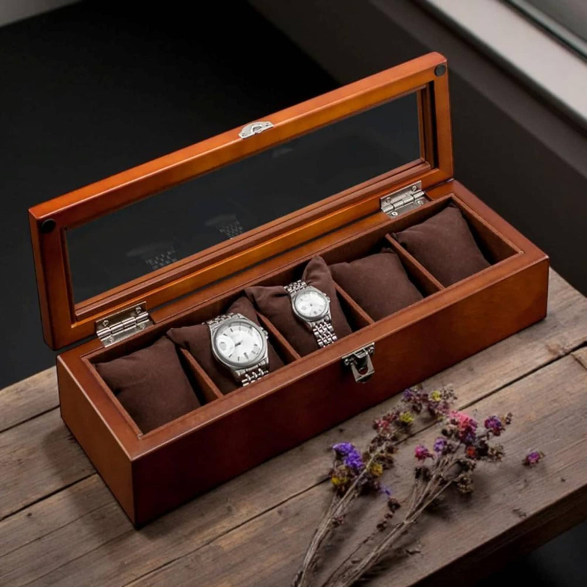 5-Slot Wood Watch Box: Luxury Display Case, Gift for Him/Her