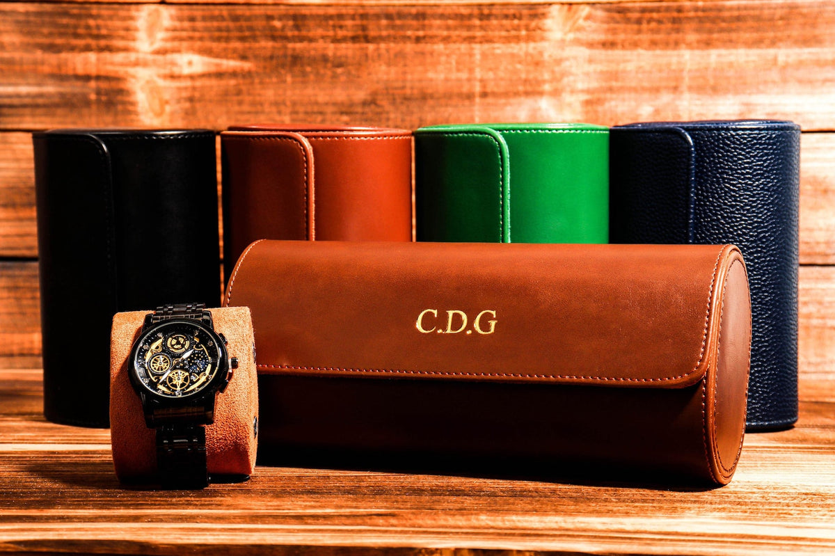 Custom Luxury Blue Leather Watch Case,Personalized Travel Watch Box for Him, Travel Watch Case,Grooms Fathers Gift, Gift For Him