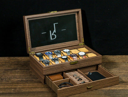 TWO Layers 6 Slot Personalized Men's Watch Box |with Drawer Watch Display Case for 6Watches,Custom Watch Storage Case, Watch Box for Mens