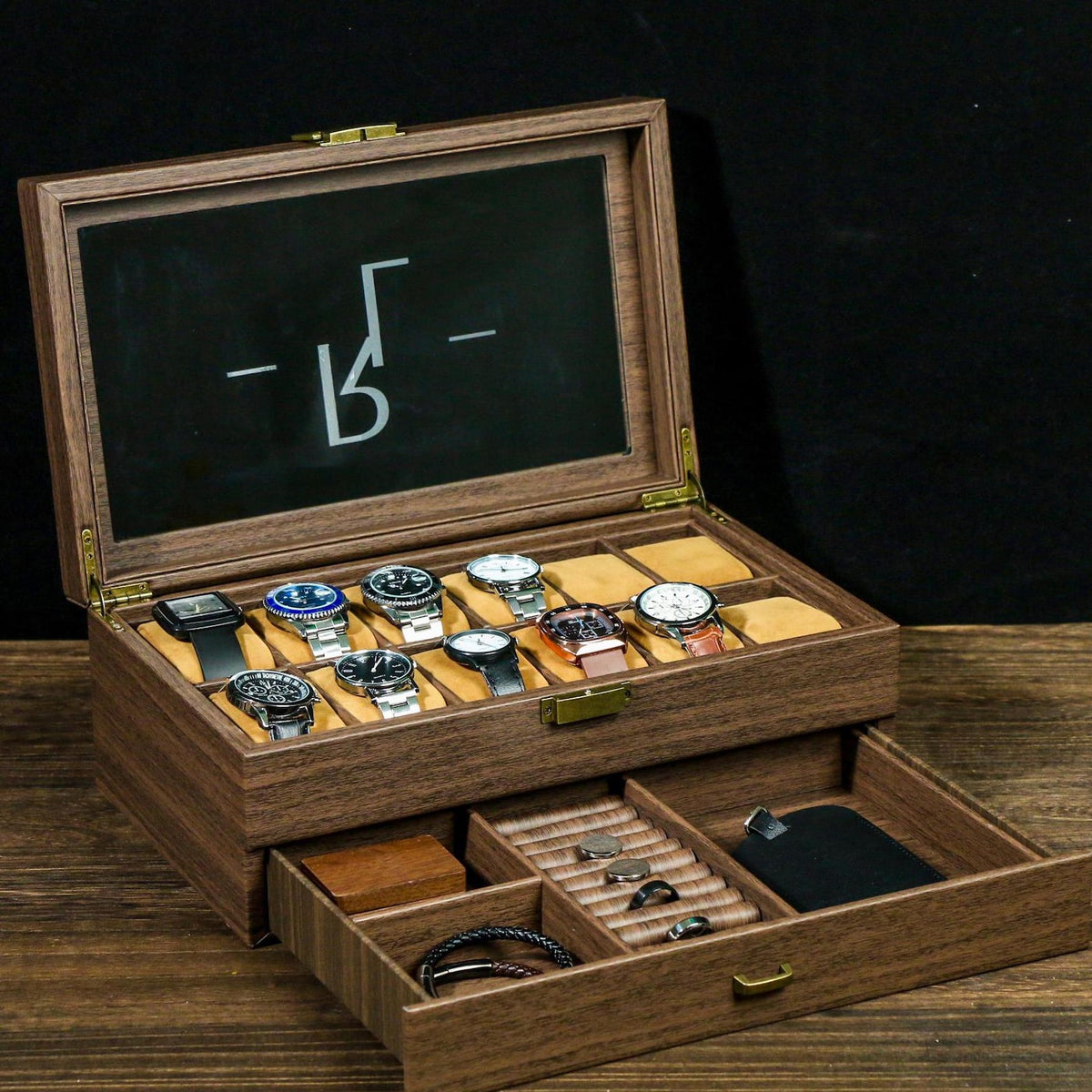 Personalized Watch Storage, Custom Engraved Watch Box for Men, with Drawer Watch Display Case, Men jewelry box, Gift for Him , Groom Gift