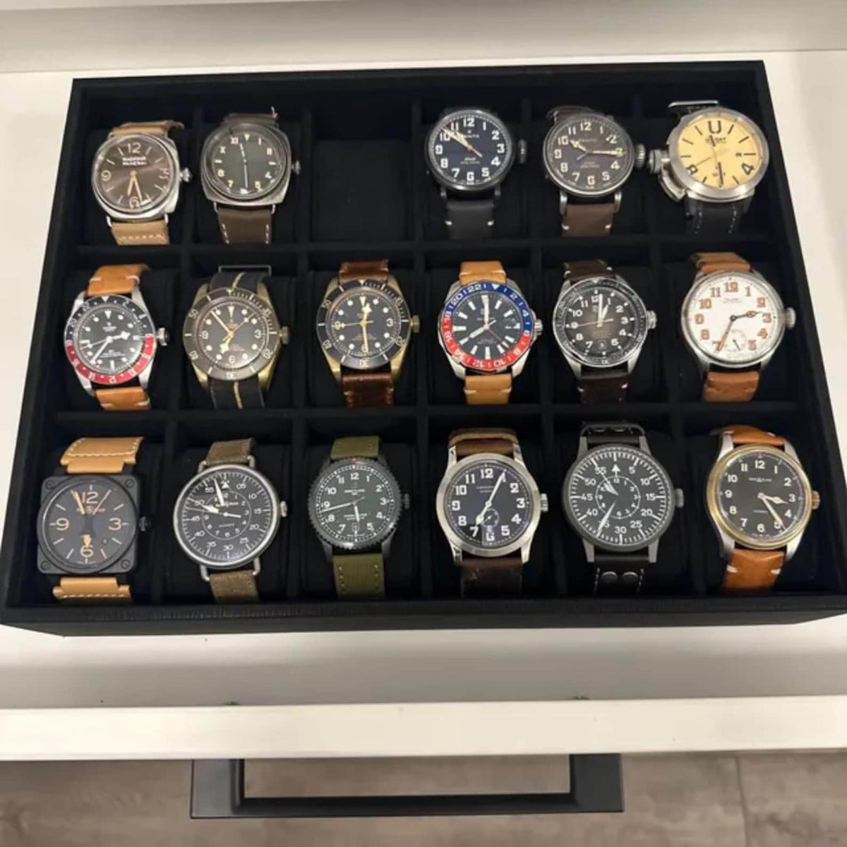 Elegant Deep Black Stackable Watch Tray | 18 Slot Watch Tray | 3 by 6 Watch Tray for Watch collectors, stores, businesses, individuals