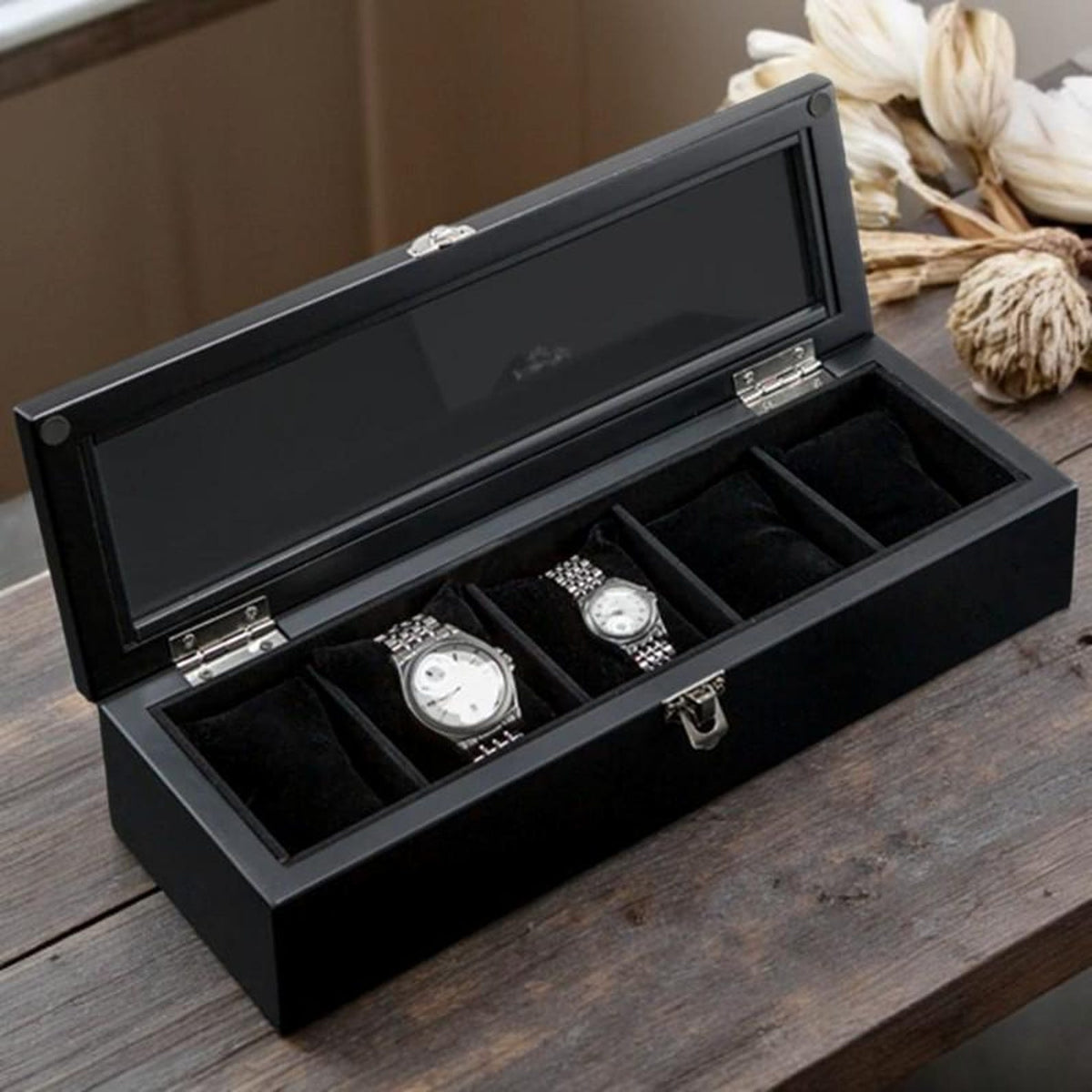 5-Slot Wood Watch Box: Luxury Display Case, Gift for Him/Her