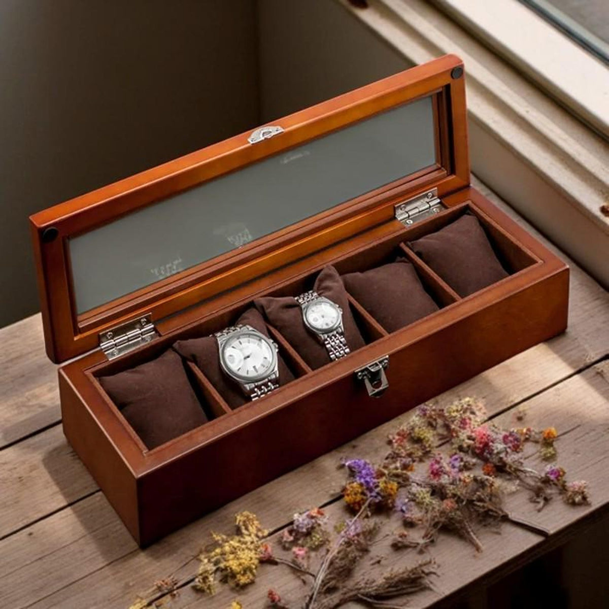 5-Slot Wood Watch Box: Luxury Display Case, Gift for Him/Her