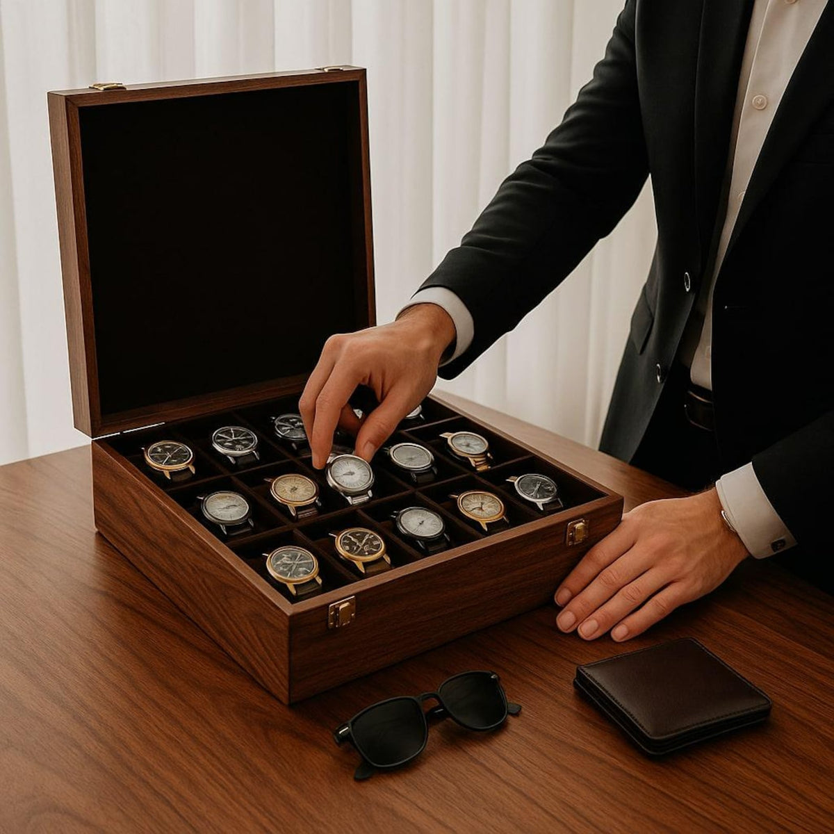 Watch Box for Men Personalized 15 Slot Wooden Watch Organizer Engraved Gift for Husband Dad Son Christmas Anniversary Graduation Present