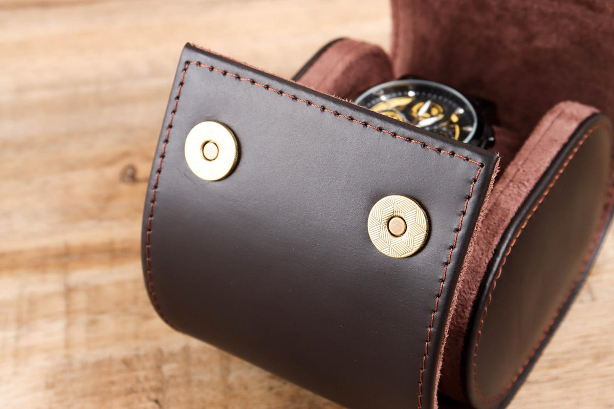 Custom Dark Brown Genuine Leather Watch Case / Travel Watch Box for Men / Personalised Watch Roll Storage Holder | Father's Day Gift