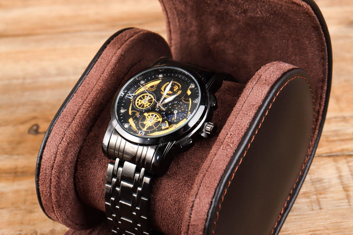 Custom Dark Brown Genuine Leather Watch Case / Travel Watch Box for Men / Personalised Watch Roll Storage Holder | Father's Day Gift