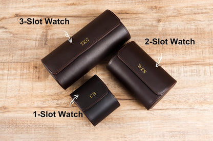 Custom Dark Brown Genuine Leather Watch Case / Travel Watch Box for Men / Personalised Watch Roll Storage Holder | Father's Day Gift