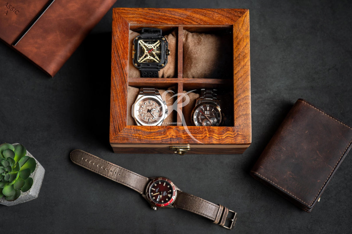 Handcrafted Wooden Watch Display Case for 4 Watches – Premium Luxury Rosewood Watch Organizer – Mens Watch Box – Perfect Birthday Gift