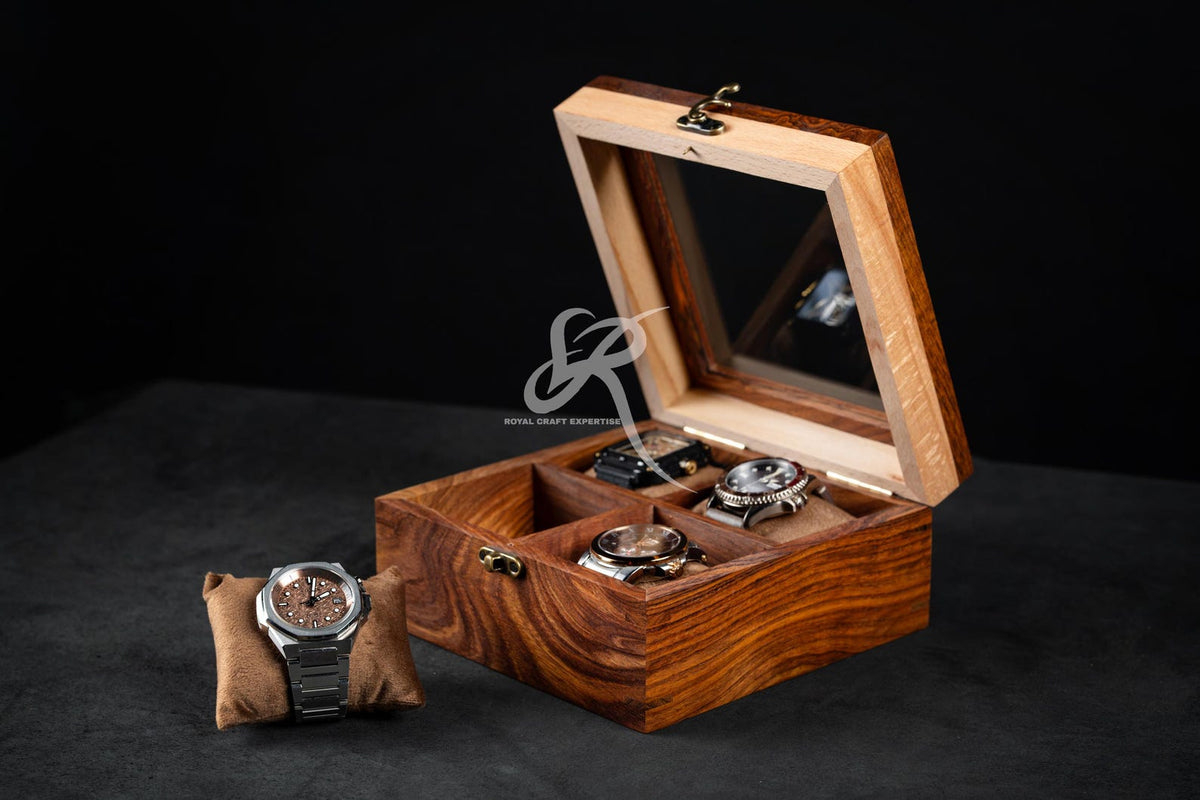 Handcrafted Wooden Watch Display Case for 4 Watches – Premium Luxury Rosewood Watch Organizer – Mens Watch Box – Perfect Birthday Gift
