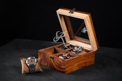 Handcrafted Wooden Watch Display Case for 4 Watches – Premium Luxury Rosewood Watch Organizer – Mens Watch Box – Perfect Birthday Gift