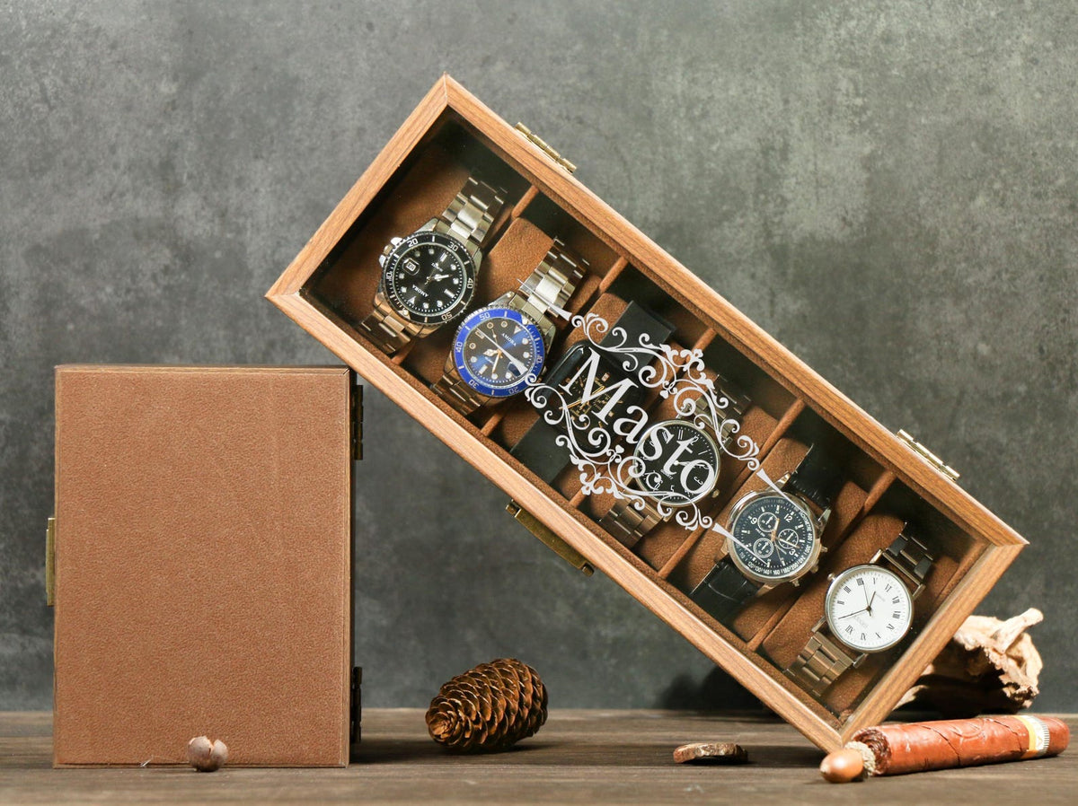Personalized Mens Watch Box / Glass Top & Pillow - Custom Walnut Wood Box, Wedding Day Gift, Father of the Bride Groom, Husband from Bride