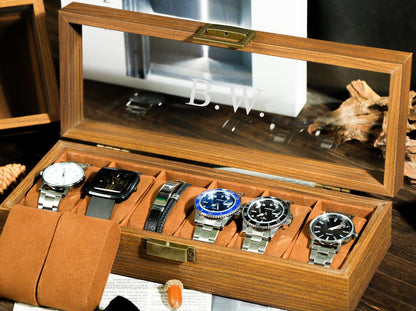 Personalized Mens Watch Box / Glass Top & Pillow - Custom Walnut Wood Box, Wedding Day Gift, Father of the Bride Groom, Husband from Bride