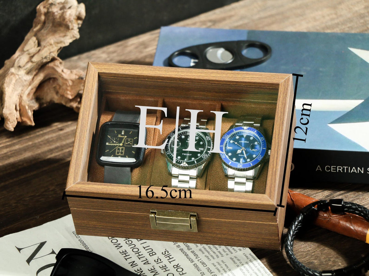 Personalized Mens Watch Box / Glass Top & Pillow - Custom Walnut Wood Box, Wedding Day Gift, Father of the Bride Groom, Husband from Bride