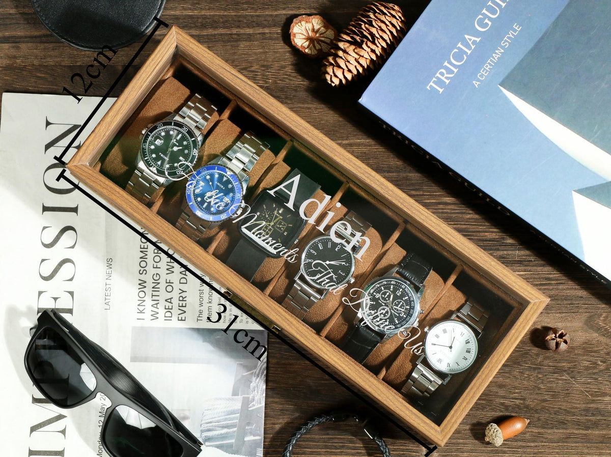 Personalized Mens Watch Box / Glass Top & Pillow - Custom Walnut Wood Box, Wedding Day Gift, Father of the Bride Groom, Husband from Bride
