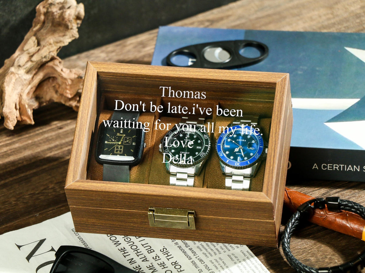 Personalized Mens Watch Box / Glass Top & Pillow - Custom Walnut Wood Box, Wedding Day Gift, Father of the Bride Groom, Husband from Bride