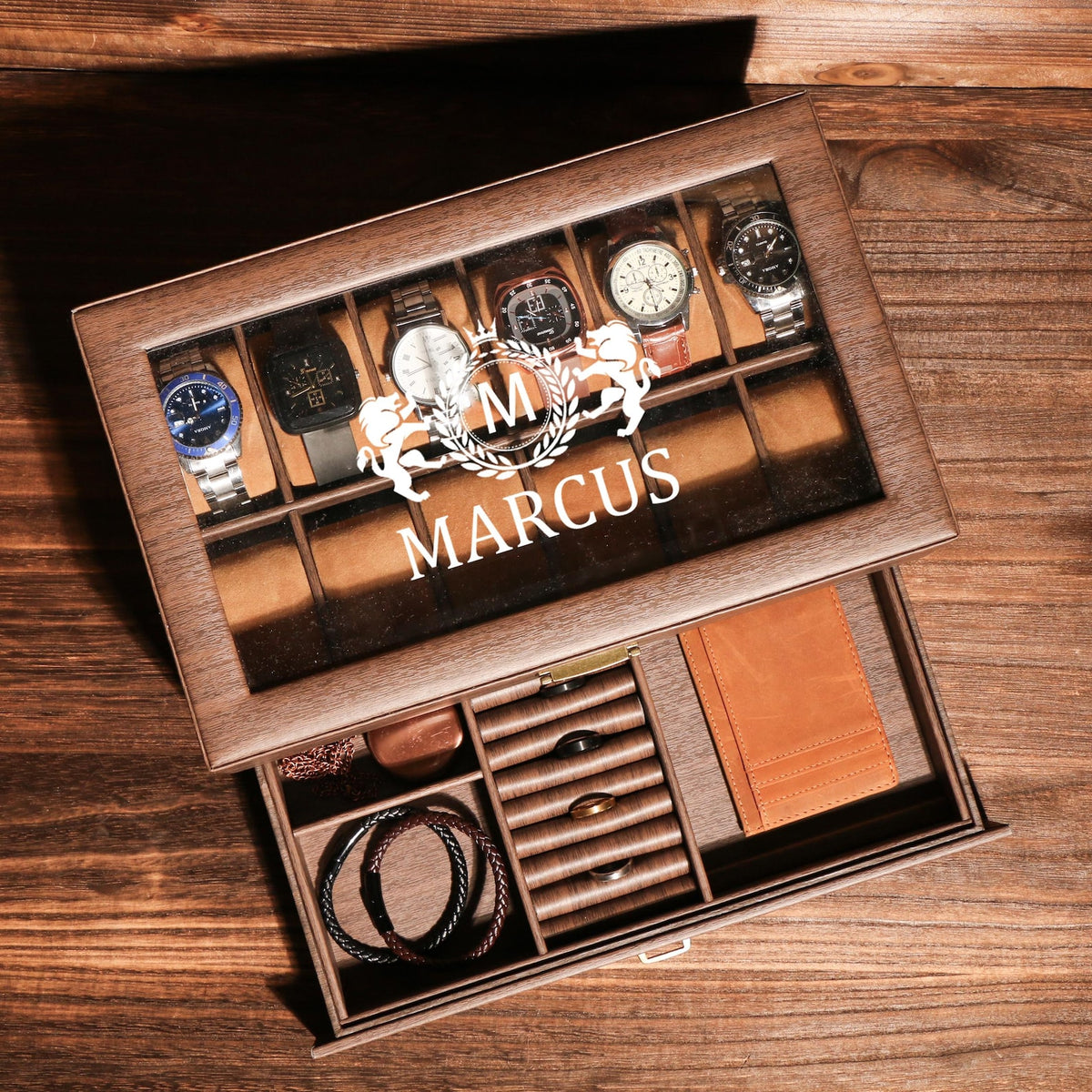 TWO Layers 12 Slot Personalized Men's Watch Box | Personalized Groomsmen Proposal Gifts | Wedding Favors for Men | Grain Leather watch box