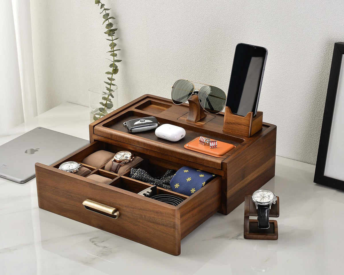 Men's Accessory Box Unique Gift for Gentleman Engraved Wood Watch Box for Men Personalized Nightstand Organizer Jewelry Box for Him