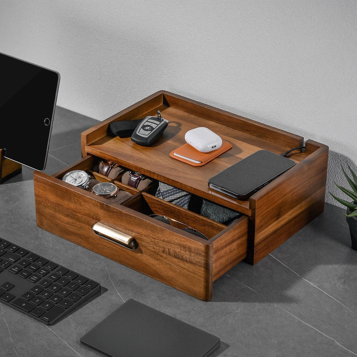 Men's Accessory Box Unique Gift for Gentleman Engraved Wood Watch Box for Men Personalized Nightstand Organizer Jewelry Box for Him