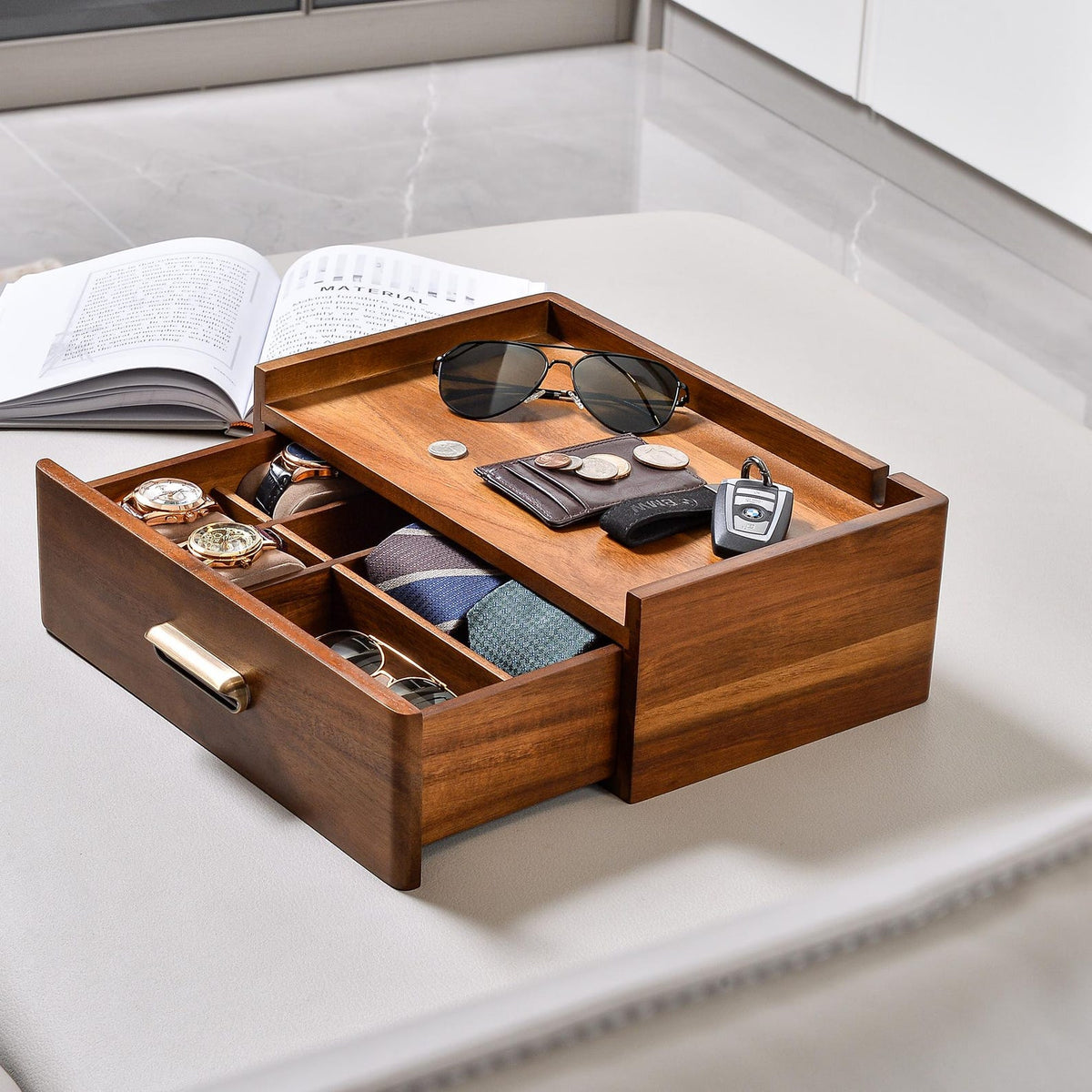 Mens Valet Box Personalized Anniversary Gifts for Him Engraved Wood Watch Box with Drawer Nightstand Organizer for Men Fathers Day Gift