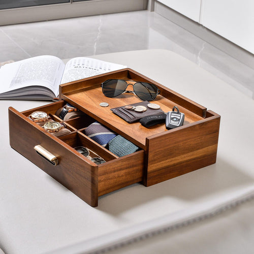 Mens Valet Box Personalized Anniversary Gifts for Him Engraved Wood Watch Box with Drawer Nightstand Organizer for Men Fathers Day Gift