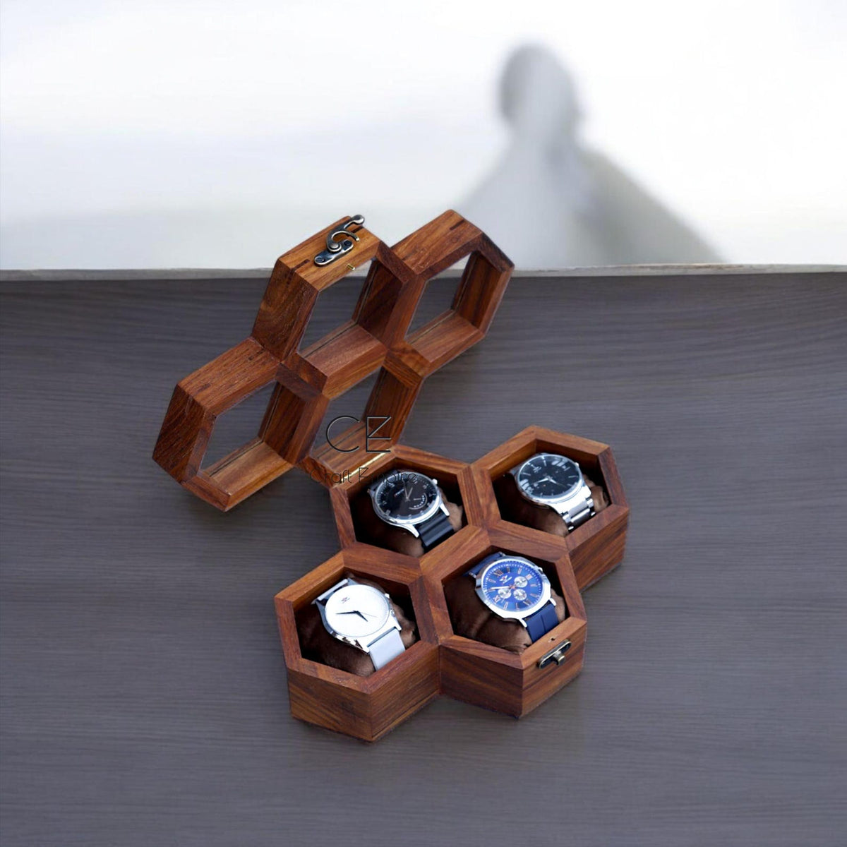 Honeycomb Wooden Watch Box: Indian Rosewood Jewelry Display Case