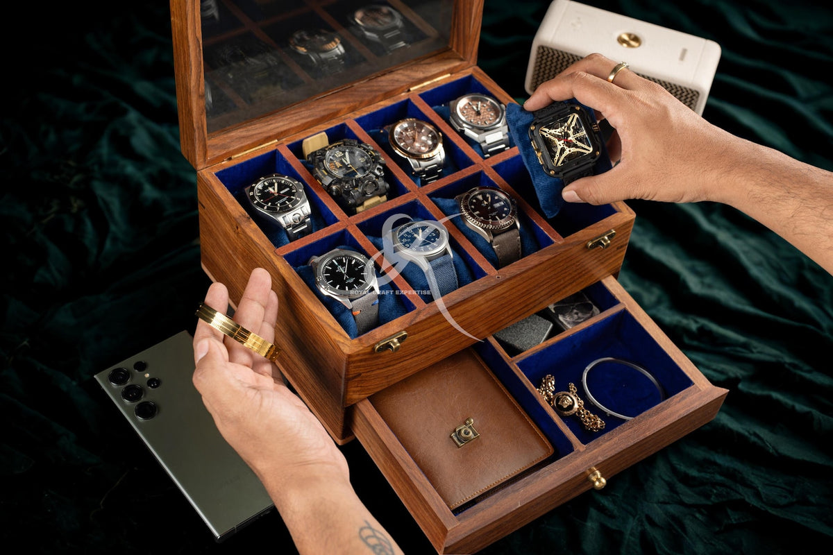 Handmade Vintage Men's Wooden Watch Box with Drawer – Free Personalized Rosewood Watch Case for Men – Custom Watch Holder & Gift for Him