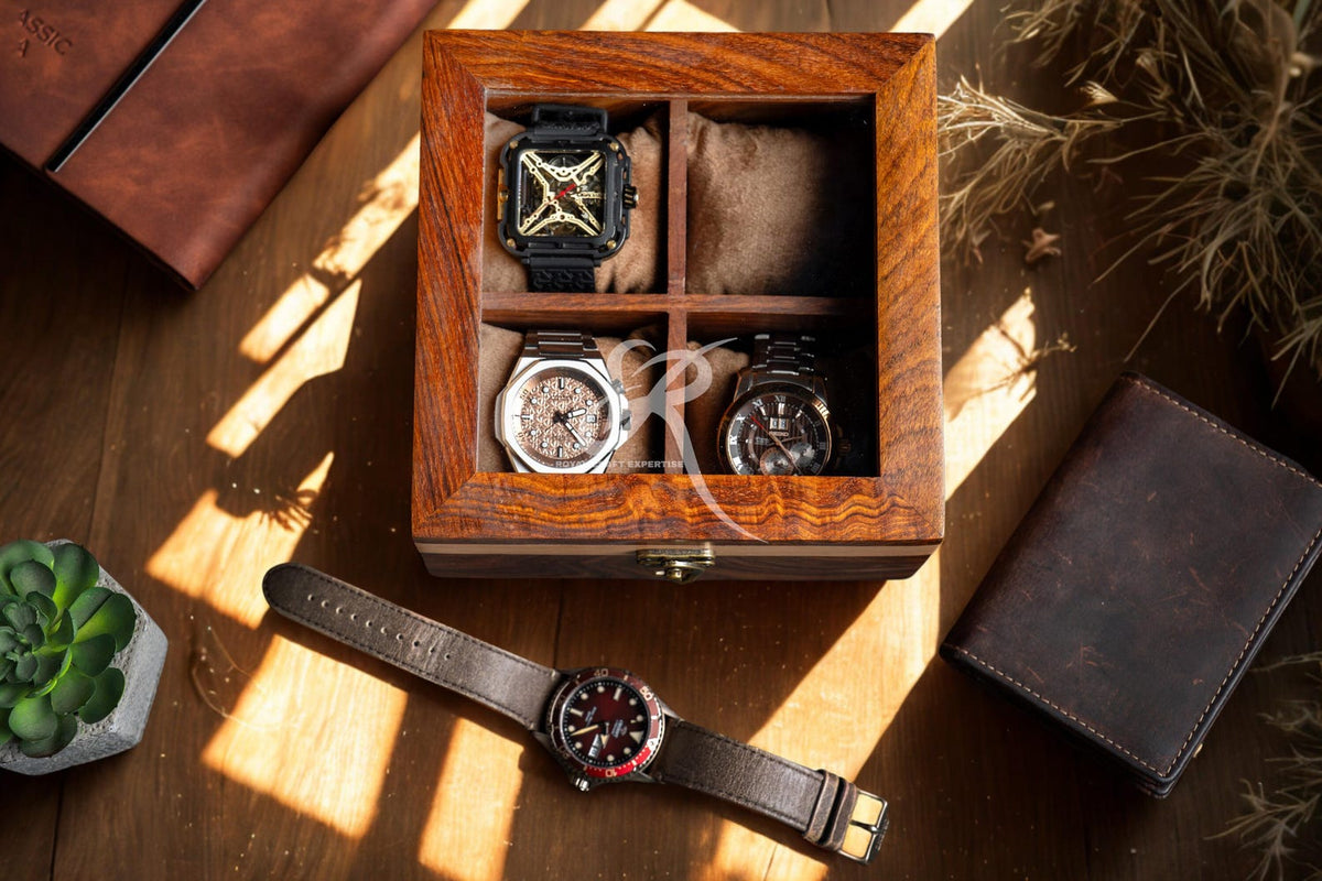 Handcrafted Wooden Watch Display Case for 4 Watches – Premium Luxury Rosewood Watch Organizer – Mens Watch Box – Perfect Birthday Gift