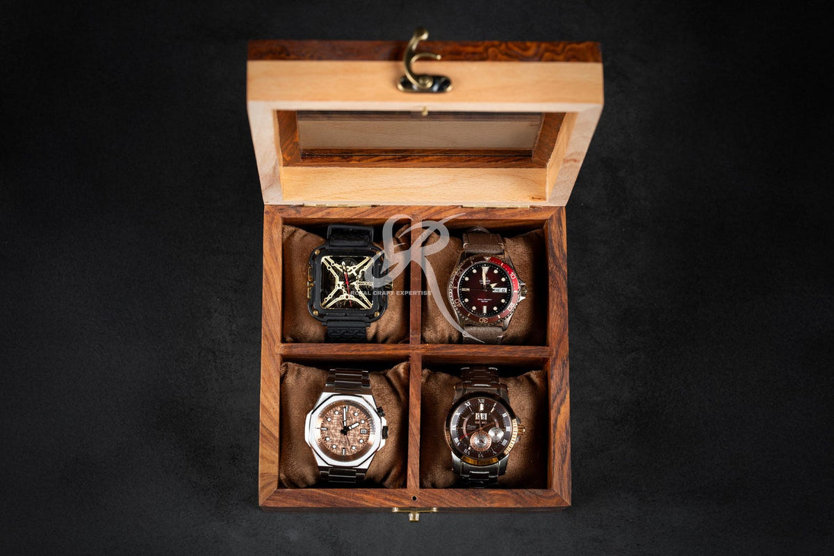 Handcrafted Wooden Watch Display Case for 4 Watches – Premium Luxury Rosewood Watch Organizer – Mens Watch Box – Perfect Birthday Gift