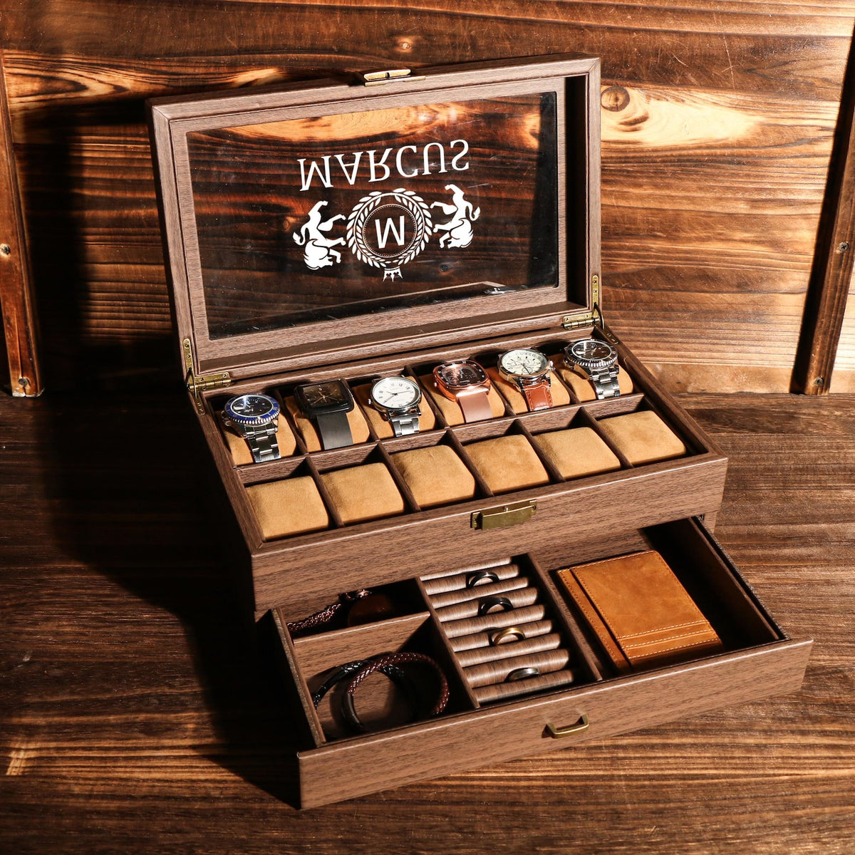 TWO Layers 6 Slot Personalized Men's Watch Box | with Drawer Watch Display Case for 6 Watches |Anniversary for Him