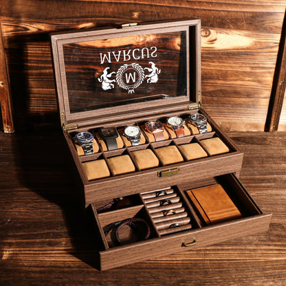 TWO Layers 6 Slot Personalized Men's Watch Box | with Drawer Watch Display Case for 6 Watches |Anniversary for Him