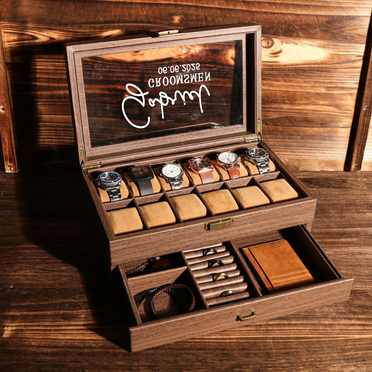 TWO Layers 12 Slot Personalized Men's Watch Box | Personalized Groomsmen Proposal Gifts | Wedding Favors for Men | Grain Leather watch box