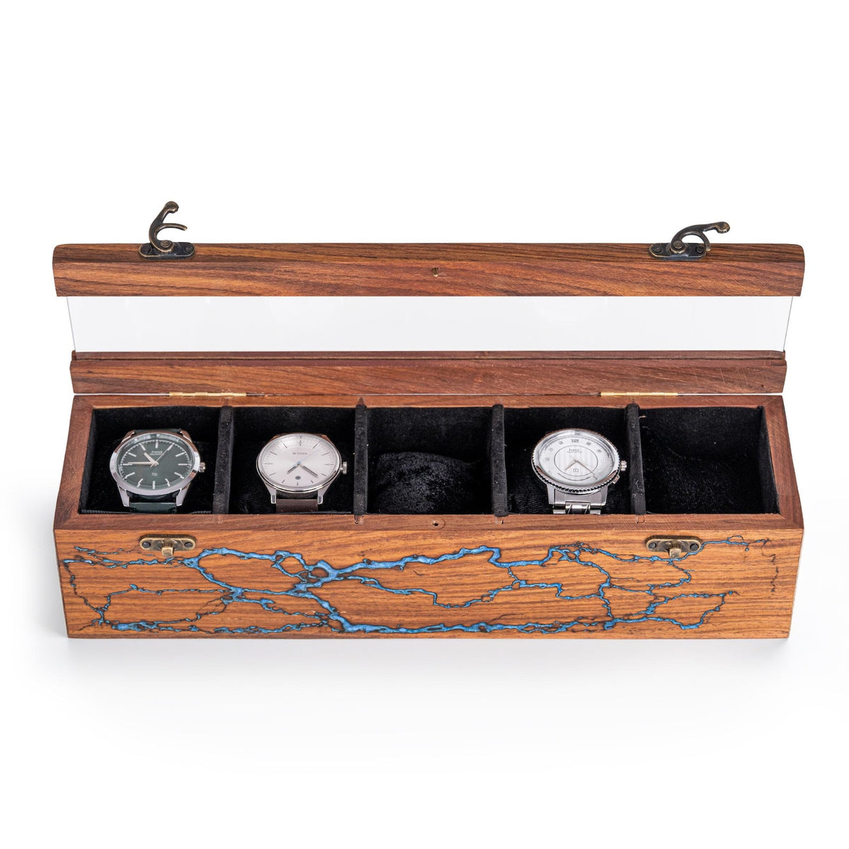 Watch Box for Men's and Women – Dark Rosewood Display Case with Glass Lid, Lichtenburg and Resin Work, Premium Watch Storage Box