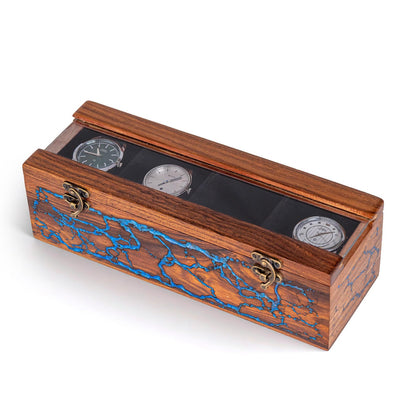 Watch Box for Men's and Women – Dark Rosewood Display Case with Glass Lid, Lichtenburg and Resin Work, Premium Watch Storage Box